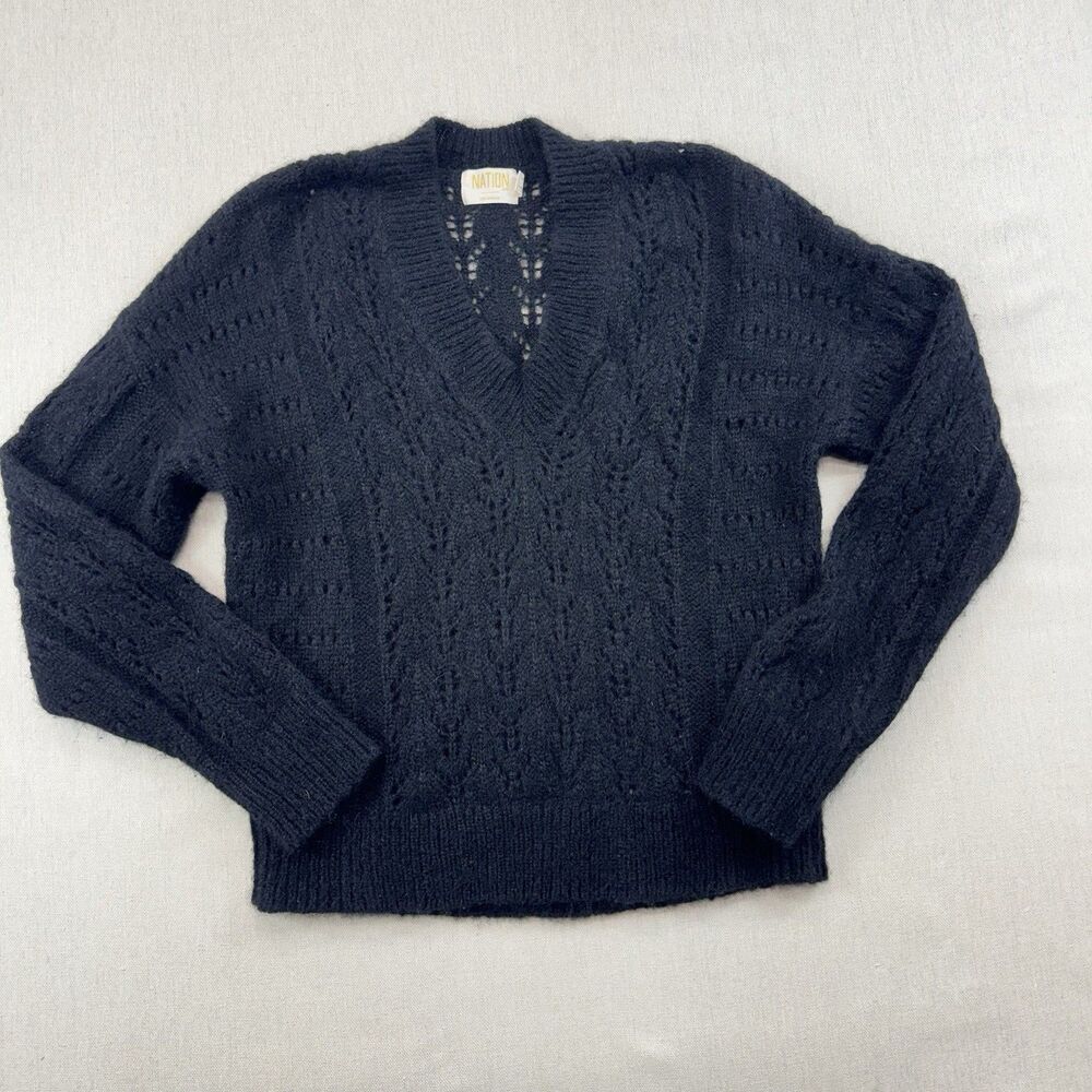 Nation LTD Women’s XS Black Baby Alpaca Wool Cable Knit V-Neck Sweater Peru